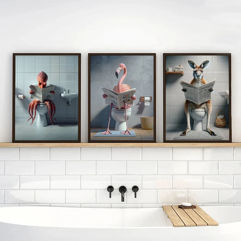 Modern Flamingo Kangaroo Reading Newspapers