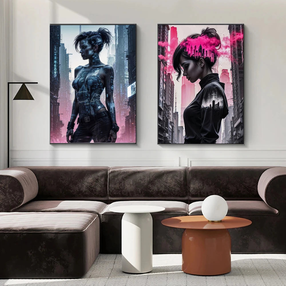 Sexy Cyberpunk City Girl Poster Abstract Beautiful