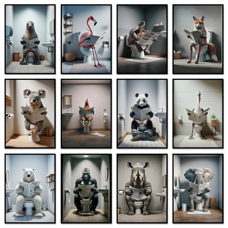 Modern Flamingo Kangaroo Reading Newspapers